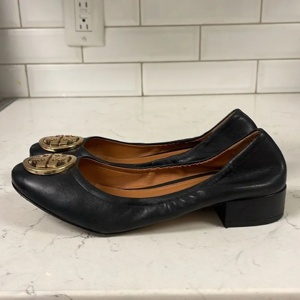 Tory Burch Benton 2 Nappa Leather Shoes Size 6.5 Black Leather Ballet Style